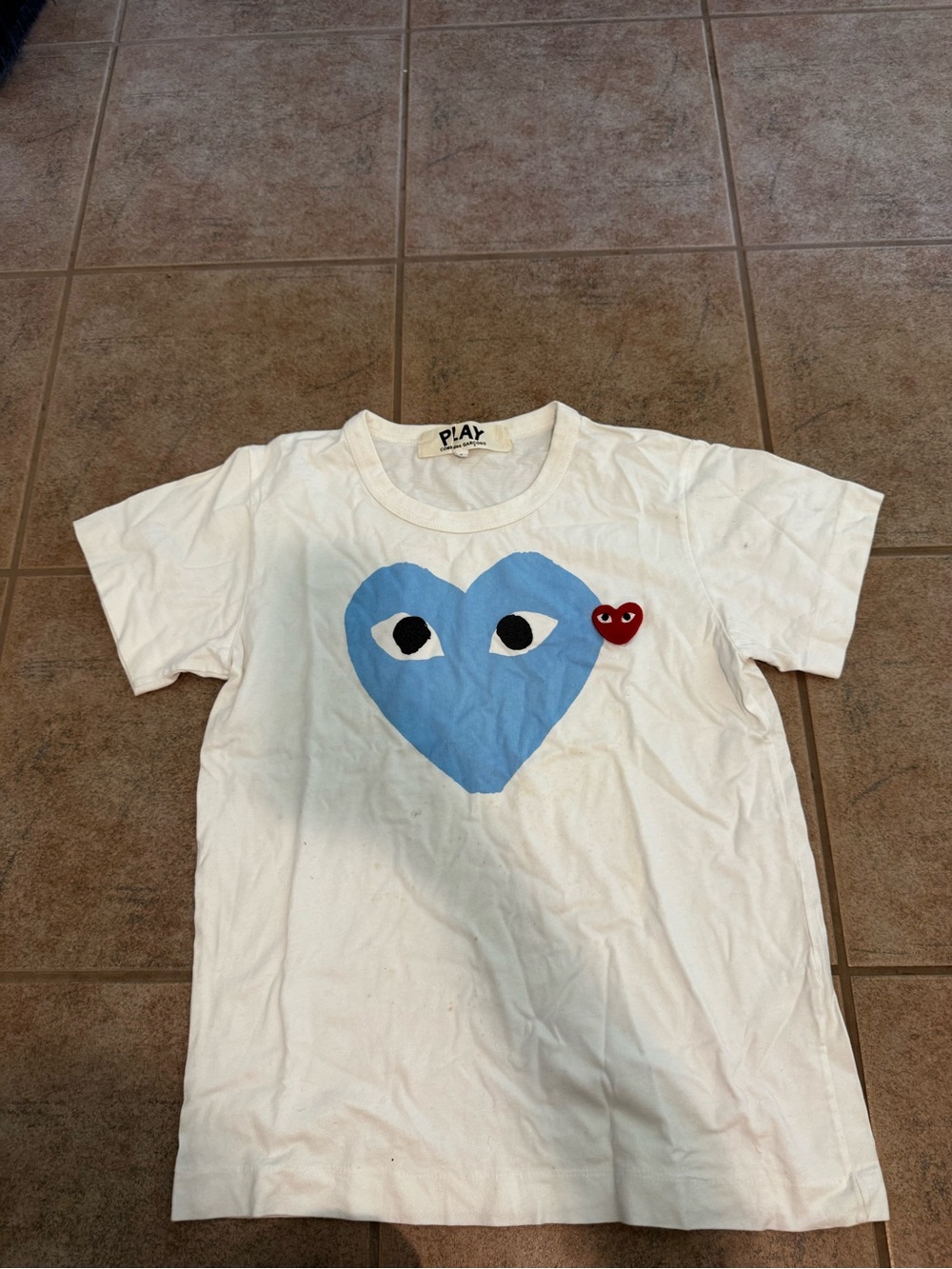 Comme des Garçons Kids White Tee with Blue Heart and Red Accent
